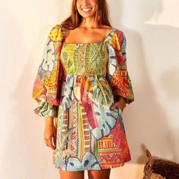 FARM Rio Dresses & Skirts - New Anthropologie Farm Rio Women's Summer Tapestry Mini Dress Smocked - Size M